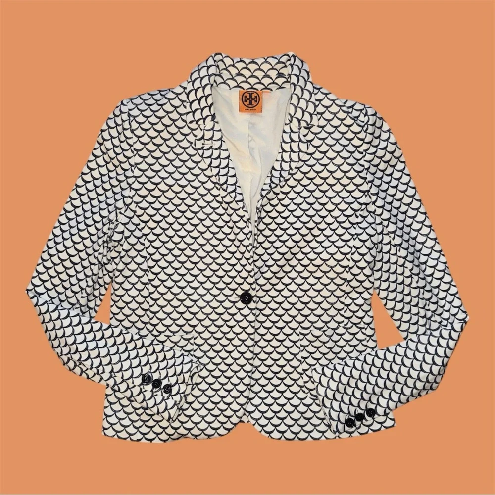 Tory Burch‎ Women Scalloped Print White Blue Blazer Size L